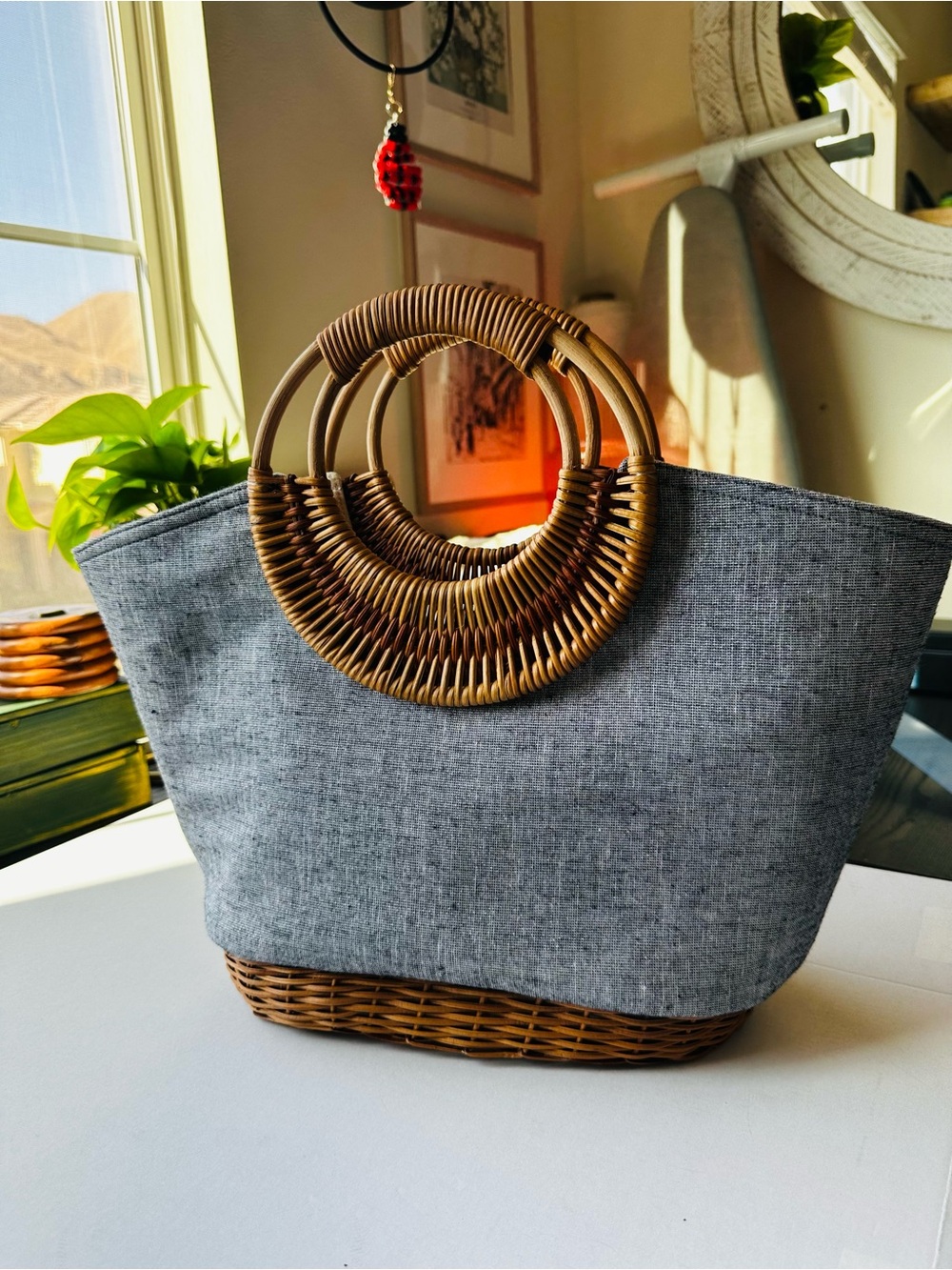 Gray Tote Bag Woven Rattan Handles Coastal Beach Resort Tote